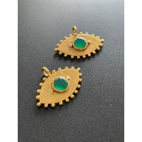 Pendentif Navette Amulette Œil de la protection Pierre Ronde Onyx vert 11 par 22mm en Laiton finition Doré 18KT