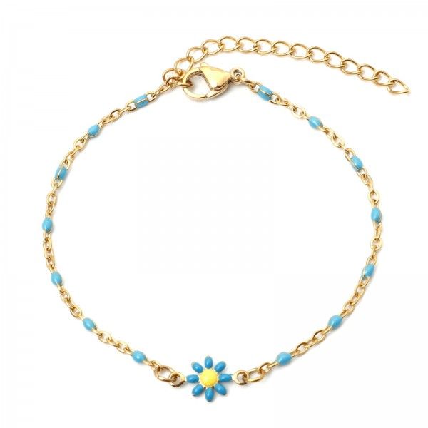 Bracelet - Marguerite Fleur résine émaille Bleu 22 cm- en Acier Inoxydable 304 -finition Doré