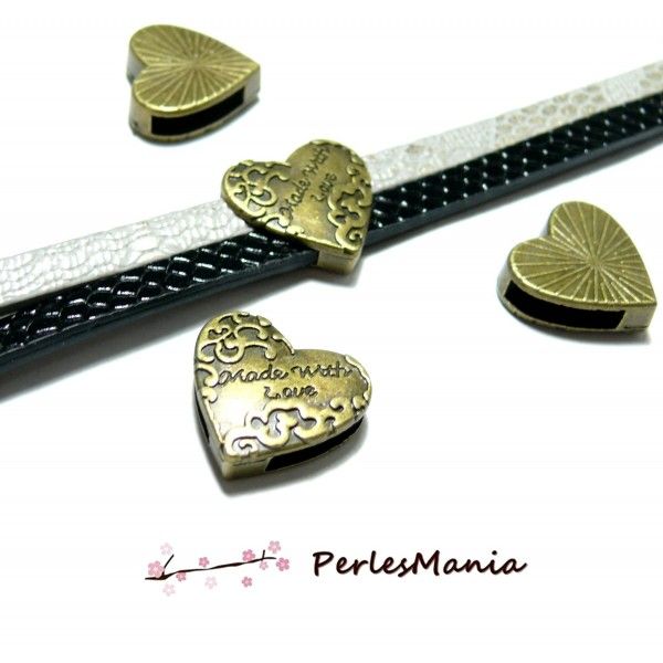Passants Slides Made with Love Coeur métal couleur Bronze
