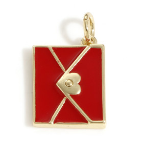 Pendentif Enveloppe avec Coeur  résine émaillé ROUGE 19 mm cuivre finition Doré à l'or fin 18K