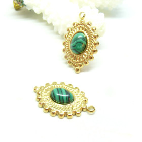 Pendentif  Ethnique avec pierre imitation malachite 23.5 mm - en Acier Inoxydable  Doré
