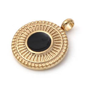 Pendentif  Ethnique avec émaille résine noire 15mm Acier Inoxydable 304 finition Doré