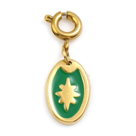 Pendentif  avec mousquetons  Ovale 13 par 8 mm style émaille VERT - Doré en Acier Inoxydable 304
