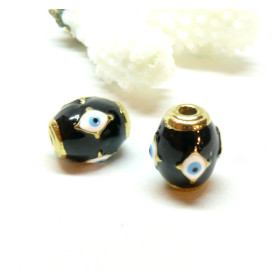 Perle Intercalaire Œil de la protection 14.5mm Résine Émaillé Noir en Acier Inoxydable finition Doré 18KT