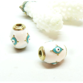 Perle Intercalaire, Œil de la protection 14.5mm Résine Émaillé Blanc, Acier Inoxydable finition Doré à l'or fin 18K