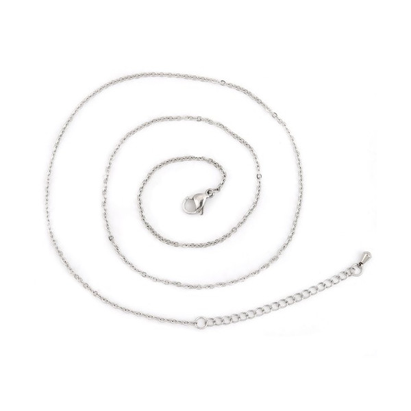 Sautoirs, colliers matinée 50cm maille fine 1.6mm  et chaine d'extension en Acier Inoxydable 304 coloris Argent Platine