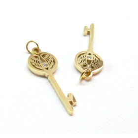 Pendentif Clé avec Aile d'ange et Strass 29mm- en Acier Inoxydable 316 Chirurgical placage Doré