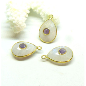 Pendentif Goutte Amulette Pierre de Lune et Améthyste 12 par 20mm en Argent 925 finition Doré 18KT