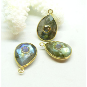 Pendentif Goutte Amulette Labradorite 12 par 20mm en Argent 925 finition Doré 18KT
