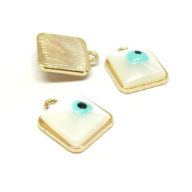 Pendentifs Carré 14mm résine style émaillés amulette, grigri Oeil de la protection sur une base en métal dore, DIY Bijoux