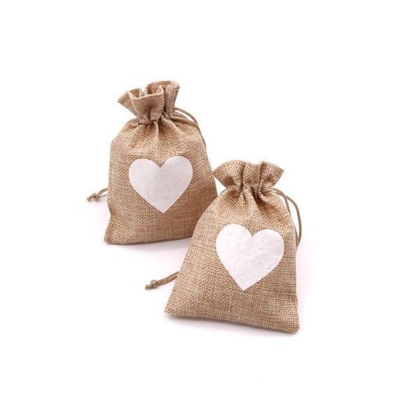 Pochettes cadeaux Toile de jute coeur blanc 14 par 10 cm, Saint Valentin, Fête des mères
