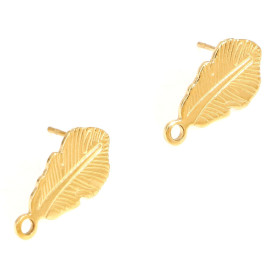 Boucles d'oreilles Puce  forme Plume 18.5mm  avec trou d’attache Acier inoxydable 304 finition Doré et embouts poussoirs
