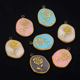 Pendentif médaillon Retro romantique avec Rose Résine émaillée Noire  20mm en Acier Inoxydable finition Doré 18KT