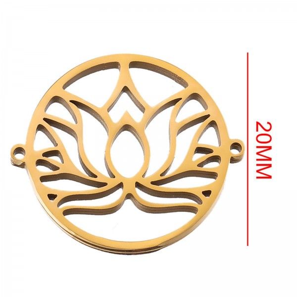 Connecteur - Fleur de Lotus dans médaillon 20mm - en Acier Inoxydable 304  finition Doré