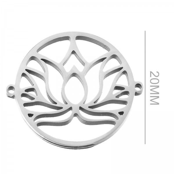 Connecteurs - Fleur de Lotus dans médaillon 20mm - en Acier Inoxydable 304  finition Argent Platine
