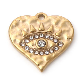 Pendentif Amulette Cœur Oeil de la protection  avec Strass 15mm - en Acier Inoxydable 304 finition Doré
