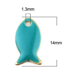 pendentifs Poisson Bleu Pétrole style emaillé 14 mm metal couleur Doré