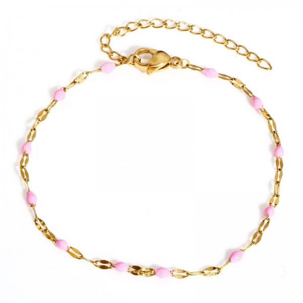 Bracelet ajustable 17.5cm avec chaine d'extension maille émaillé Rose en Acier Inoxydable 304 coloris Doré