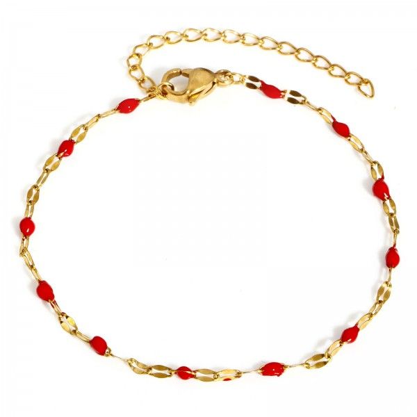 Bracelet ajustable 17.5cm avec chaine d'extension maille émaillé Rouge en Acier Inoxydable 304 coloris Doré