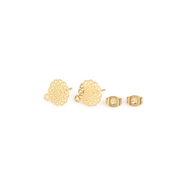 PS110154299 – Lot de 2 Boucles d'oreille clou Mandala 13x11mm – Acier Inoxydable 304 Doré avec embouts