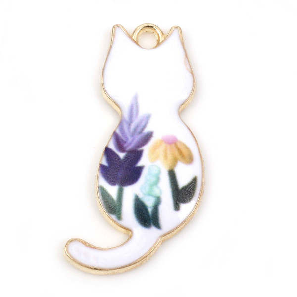 Pendentifs Chats émaillés 30mm Blanc base doré