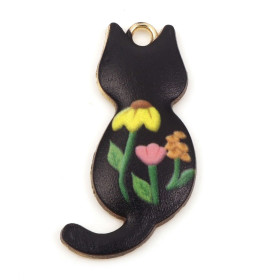 Pendentifs Chats émaillés 30mm Noir base doré