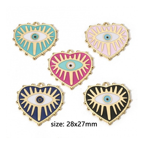 Pendentifs médaillons Coeur  Amulette, oeil de la protection émaillé 28mm Bleu Turquoise base doré