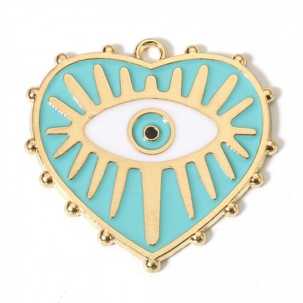 Pendentifs médaillons Coeur  Amulette, oeil de la protection émaillé 28mm Bleu Turquoise base doré
