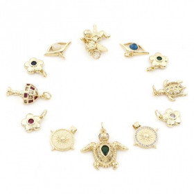 Pendentif  Soleil avec Strass attache transversale 17 mm en Cuivre placage Doré 18KT  pour création de bijoux raffinés