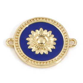 Connecteur Médaillon Fleur 15mm résine émaillé Bleu Royal en Cuivre placage Doré 18KT