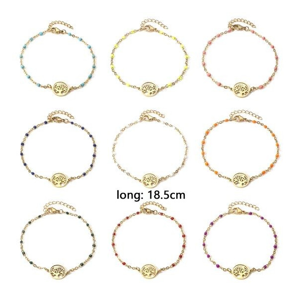 Bracelet Arbre dans médaillon avec résine style émaillé Vert d'eau en Acier Inoxydable 304 Placage 18KT