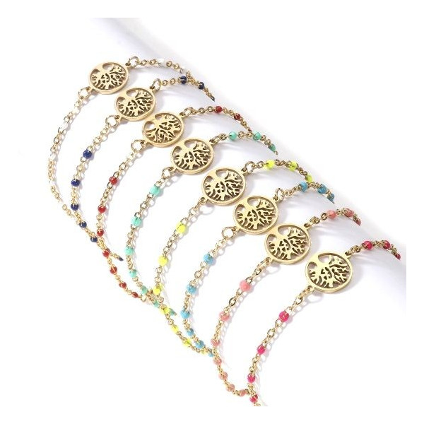 Bracelet Arbre dans médaillon avec résine style émaillé Vert d'eau en Acier Inoxydable 304 Placage 18KT