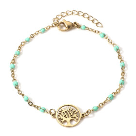 Bracelet Arbre dans médaillon avec résine style émaillé Vert d'eau en Acier Inoxydable 304 Placage 18KT