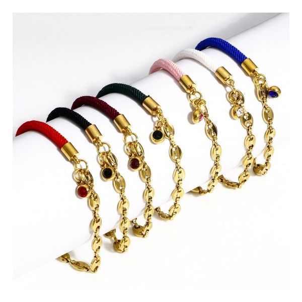 Bracelet Cordon BLANC avec strass et chaine Maille MARINE en  Acier Inoxydable 304 finition Doré