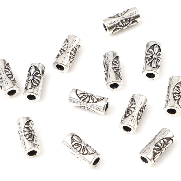 PS11733835 – Lot de 4 ou 8 Perles Intercalaires Tubes travaillés 8mm – Métal Finition Argent Antique