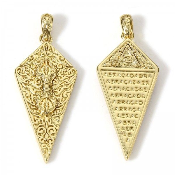 Pendentif  Losange Amulette, grigri symbole Tibétain Indra 38 mm en Cuivre placage Doré 18KT  pour création de bijoux