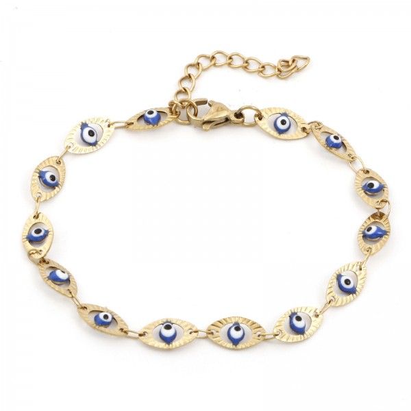 Bracelet Amulette, Grigri avec résine émaillé Bleu en Acier Inoxydable 304 Placage 18KT