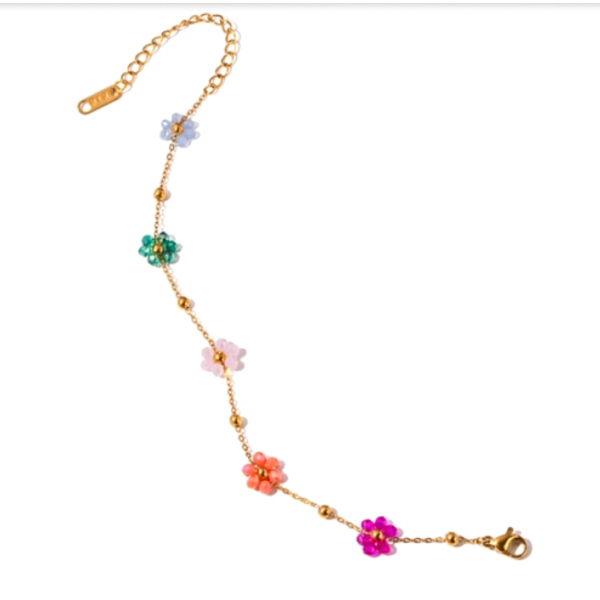 Bracelet fin avec Fleur en perle de verre  en Acier Inoxydable 304 Placage 18KT