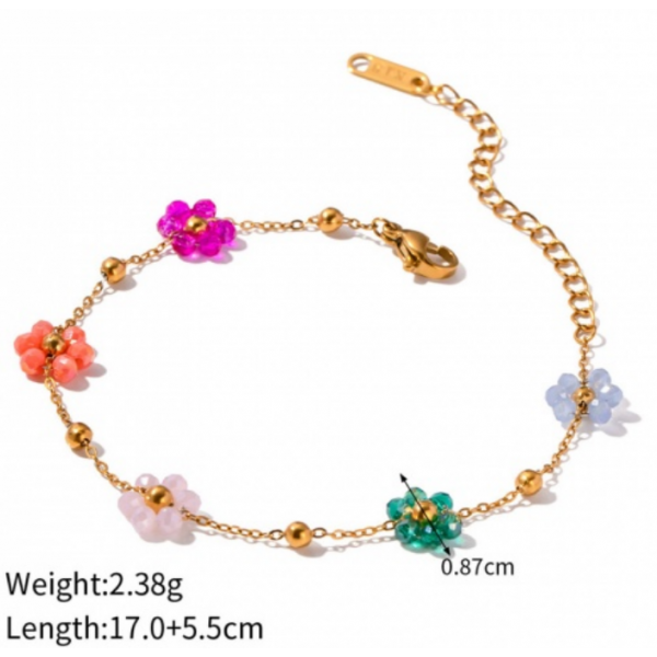 Bracelet fin avec Fleur en perle de verre  en Acier Inoxydable 304 Placage 18KT