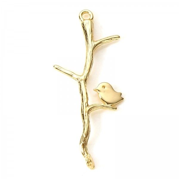 Connecteur Oiseau sur Branche 35 mm en Cuivre placage Doré 18KT  pour création de bijoux