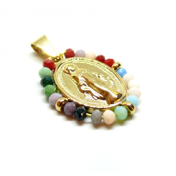 Pendentif Religieux, Vierge entourée de perles de verre facettée multicolores en acier Inoxydable 304 Placage Doré