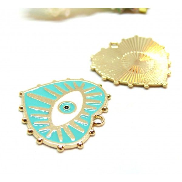 Pendentifs médaillons Cœur  Amulette, œil de la protection émaillé 28mm Bleu Turquoise base doré