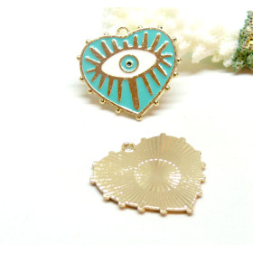Pendentifs médaillons Cœur  Amulette, œil de la protection émaillé 28mm Bleu Turquoise base doré