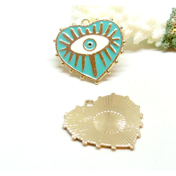 Pendentifs médaillons Cœur  Amulette, œil de la protection émaillé 28mm Bleu Turquoise base doré