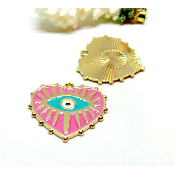 Pendentifs médaillons Coeur  Amulette, oeil de la protection émaillé 28mm Rose base doré