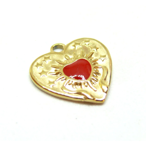 Pendentif Cœur résine émaillé Rouge 17mm - en Acier Inoxydable 304 finition Doré