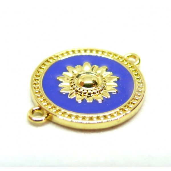 Connecteur Médaillon Fleur 15mm résine émaillé Bleu Royal en Cuivre placage Doré 18KT  pour création de bijoux raffinés