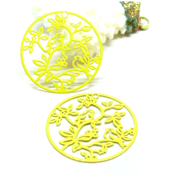 Estampes Pendentifs Oiseau sur branche 31mm métal finition Jaune
