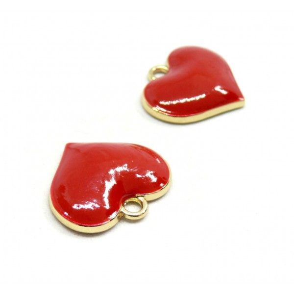 Pendentifs médaillons émaillés CŒUR ROUGE  18 mm base doré