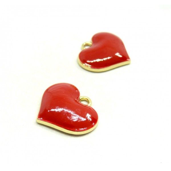 Pendentifs médaillons émaillés CŒUR ROUGE  18 mm base doré